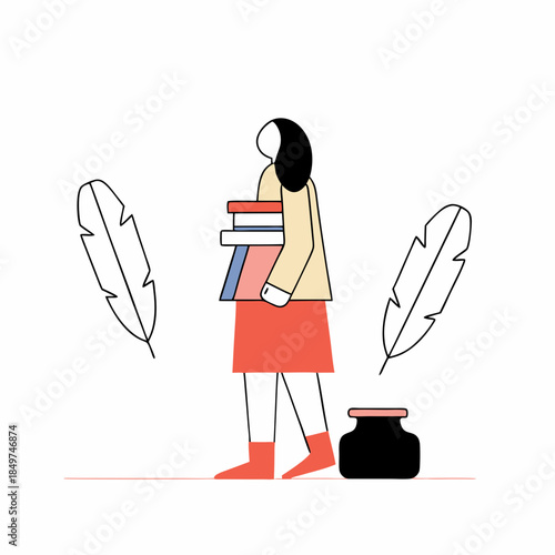 Minimalist Ink Illustration of a Female Poetess Holding Books with Floating Feathers for Creative Writing and Literary Inspiration Concept