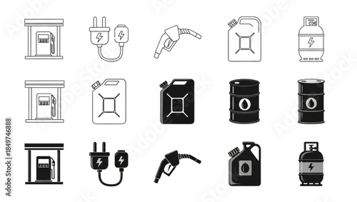 Fuel and energy icons including gas station and canisters