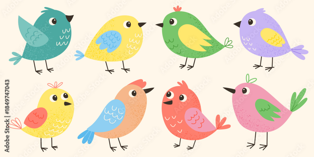 Fototapeta premium Cute colorful birds set. Flat vector illustration. Collection in cartoon style. Isolated on light background.