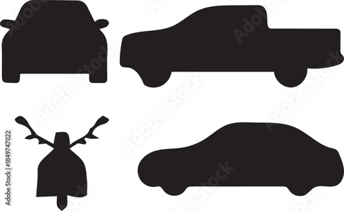 Diverse black silhouettes featuring various automobiles and a unique  design