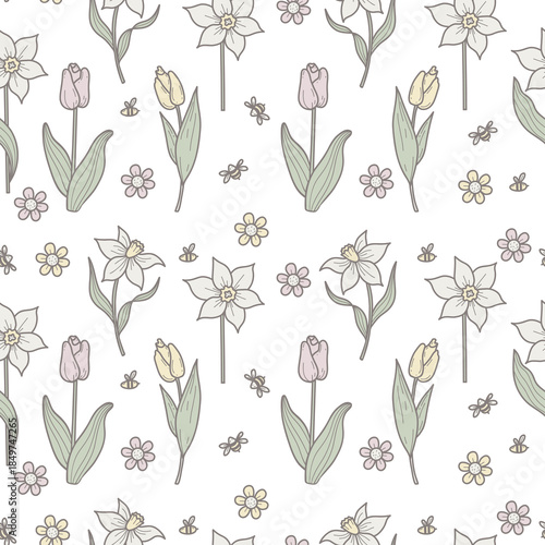 Seamless Spring Flowers Pattern. Repeating Tulips And Daffodils with Bees Background. Botanical Template Doodle