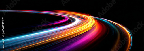 Neon speed lines twist and flow along a glowing night city road. Light trails and spirals emphasize fast motion and digital acceleration. Futuristic technological illustration in vector.