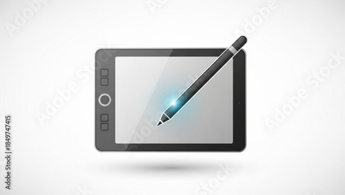 A digital drawing tablet with stylus on a pristine white background for graphic design and digital art creation purposes effectively