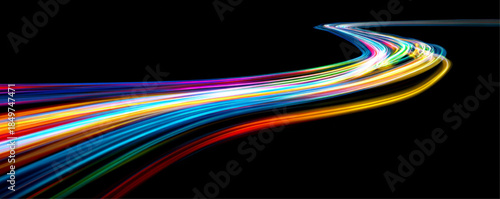 Bright neon speed lines curl along a high speed night highway. Flowing light trails visualize acceleration and digital energy. Futuristic abstract design presented in vector.