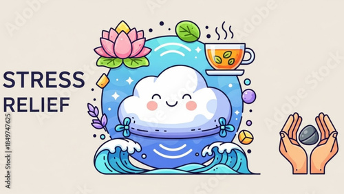 A smiling cartoon cloud in a blue bowl surrounded by waves and stress relief symbols, with a cup of tea and lotus flower nearby, feeling calm and serene with hands