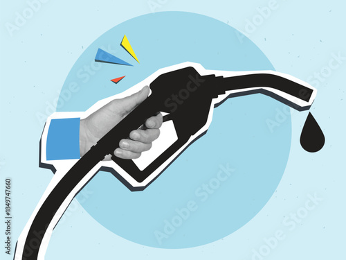 Black and white hand holding silhouette of a fuel nozzle with a big drop. Vector illustration isolated on a white background. Modern collage style. Vector illustration