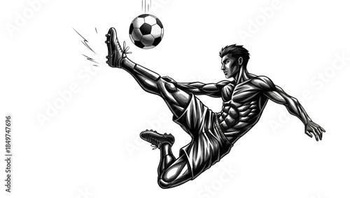 Muscular soccer player in mid-air performing a bicycle kick with a soccer ball