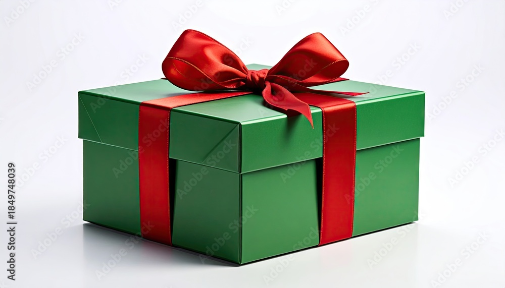 Fototapeta premium Green gift box with red ribbon and bow for surprise present.