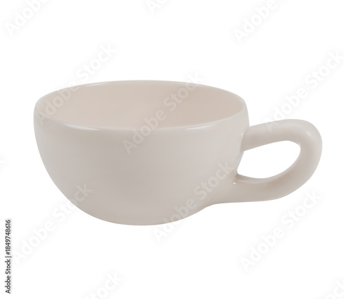 
Realistic 3D mockup of a low round ceramic mug with a large distinctive handle. Clean vector template for product presentation and branding projects.