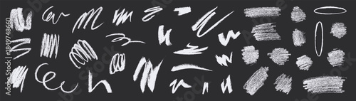 Chalk vector brush line set. Charcoal crayon scribbles. Bold hand-drawn scratch squiggles. White freehand strokes on black chalkboard background. Abstract grungy graffiti pastel zigzags waves