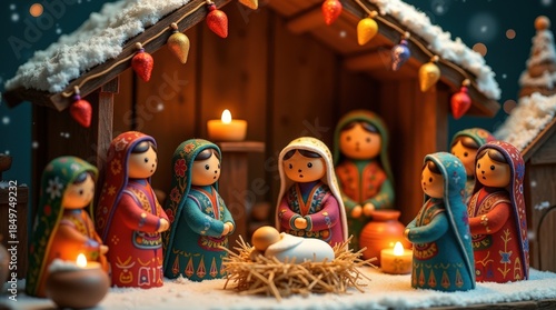 Cozy nativity scene with candles and lights