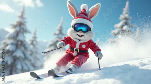 Funny rabbit skiing in Santa costume
