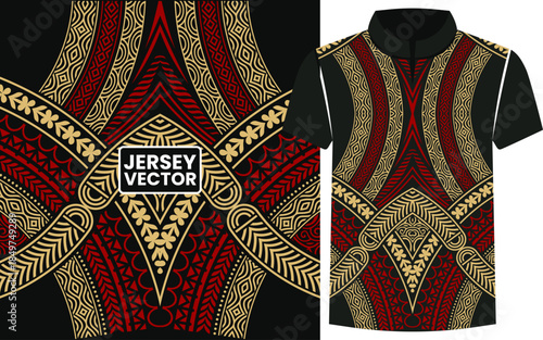 Ethnic Inspired Red and Gold Jersey Sublimation Print Design. Samoan, Hawaii, Polynesian, Maori, Malaysian, Hawaiian Inspired Traditional T shirt, Sport fashion template, jersey vector, minimal Tongan