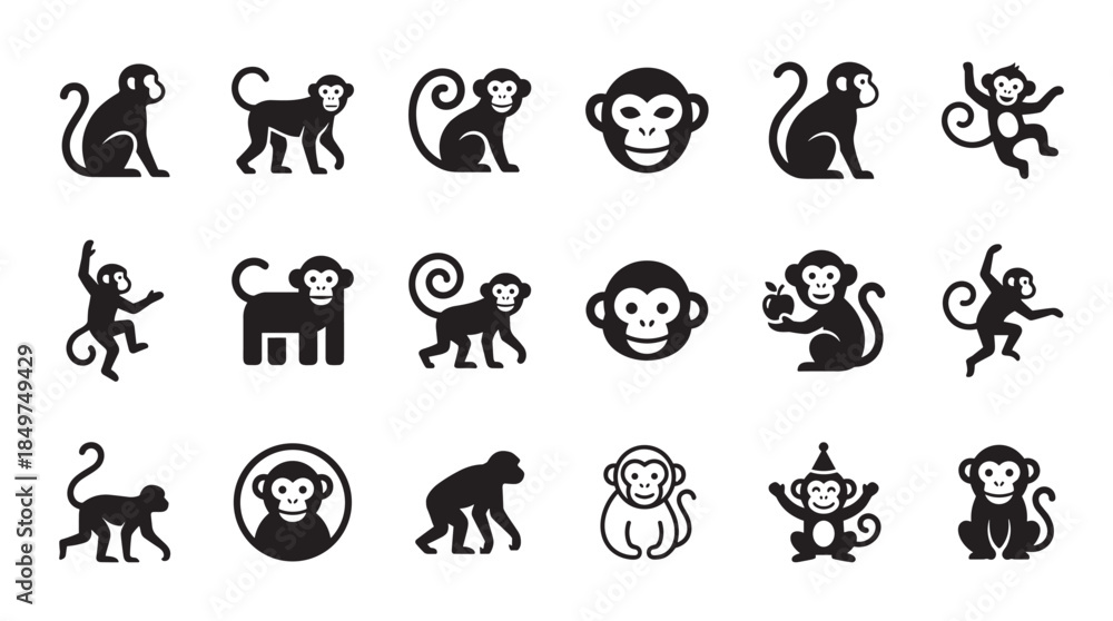 Obraz premium Set of eighteen black monkey icons in a simple flat graphic style, depicting playful primates in various poses like sitting, jumping, and holding an apple