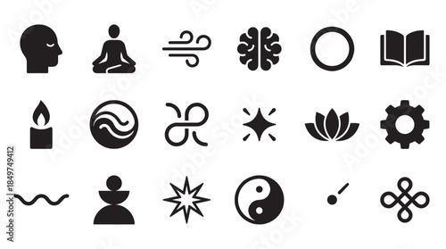 Collection of black minimalist icons representing meditation, mindfulness, and spiritual well-being, featuring symbols like yoga pose, brain, lotus, yin yang, and zen elements