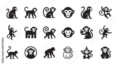 Set of eighteen black monkey icons in a simple flat graphic style, depicting playful primates in various poses like sitting, jumping, and holding an apple