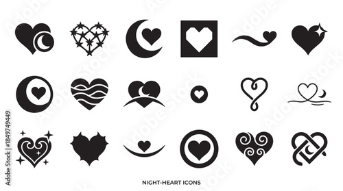 Collection of black heart-shaped icons with celestial themes like moons and stars, featuring various minimalist and romantic graphic designs for love and night concepts