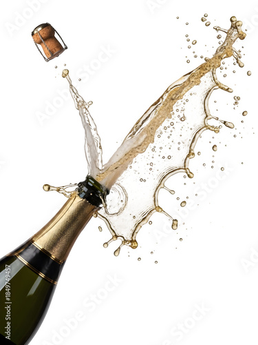 Champagne bottle popping open with flying cork and splashing liquid, symbolizing celebration, success, and festive party moments, isolated on white or transparent background. PNG format.