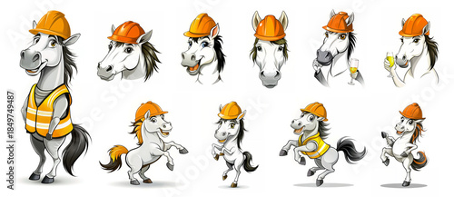 Set of cheerful horse characters in protective helmets and vests for playful designs in construction and other hard work industries, isolated on white