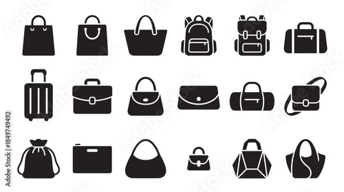 Collection of black bag and luggage icons including backpacks, purses, totes, and suitcases in a simple glyph style for graphic design and user interface elements