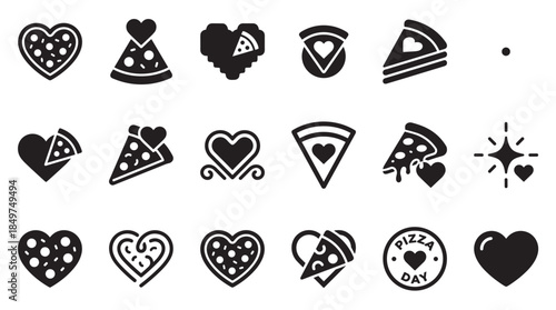 Collection of black pizza and heart icons in a minimalist glyph style, featuring heart-shaped pizzas, slices with love symbols, and romantic food elements for Valentine's Day