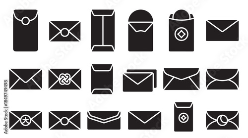 Collection of black envelope icons in a minimalist glyph style, featuring various designs for mail, letters, and traditional Asian money packets for festive celebrations