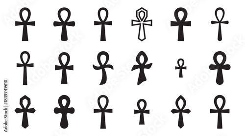 Collection of black Egyptian ankh symbols in various styles and designs, representing the key of life and ancient spiritual hieroglyphs in a minimalist icon set