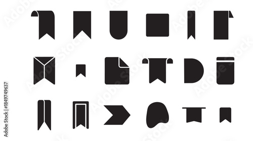 Diverse set of black bookmark icons and ribbon tag symbols arranged in a grid, featuring various minimalist shapes and styles for web design, labels, and graphic elements