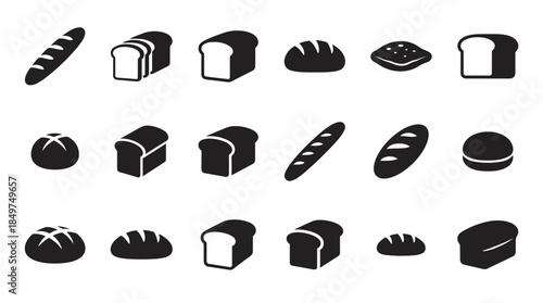 Collection of black bread icons showing various types of loaves, baguettes, and buns in a minimalist graphic style, representing bakery products and baked goods