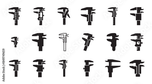 Collection of black caliper icons and silhouettes showing various types of precision measuring tools for engineering, including digital and vernier styles in a graphic set