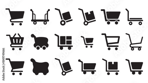 Set of black vector shopping cart icons and delivery trolley symbols in a flat, minimalist design, showing various types of carts for online stores, supermarkets, and logistics