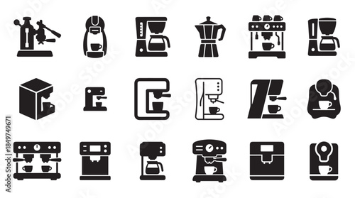 Set of black coffee machine glyph icons representing various brewing appliances, including espresso makers, drip brewers, moka pots, and pod systems in a simple silhouette style