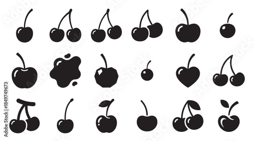 Set of black cherry vector silhouettes in different graphic styles, featuring single fruits, pairs with stems, a leaf, a juice splash, and a heart shape for logo or pictogram use