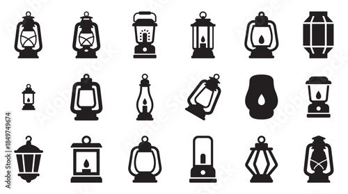 Collection of black lantern icons shows various styles of vintage oil lamps, modern camping lights, and decorative lamps in a simple graphic silhouette design