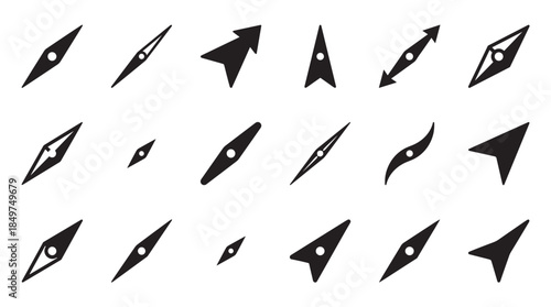 Collection of black compass needle icons and arrow pointers in various minimalist styles, featuring different geometric and curved shapes for navigation and location concepts