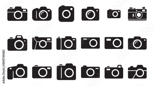 Set of black camera icons in a minimalist flat design showing various types of photo equipment for photography, digital imaging, and graphic design concepts