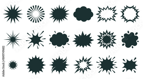 Diverse set of black comic book explosion and burst shapes, including starbursts, splashes, and cloud icons in a flat, graphic, pop art style for design elements