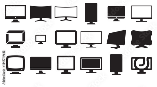 Collection of black computer monitor icons in various shapes and styles, including flat, curved, vertical, and abstract designs, presented as a minimalist vector graphic set