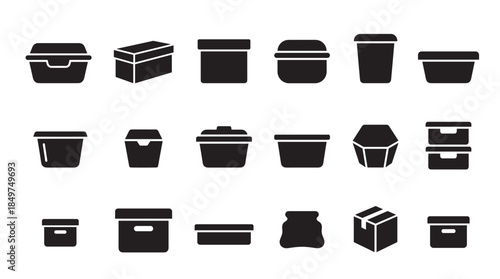 Collection of black silhouette container icons showing various types of packaging, including food boxes, storage bins, and shipping cartons in a simple flat glyph style