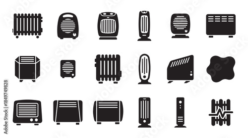 Collection of black electric heater icons showing various home appliances like radiators, fan heaters, and convectors for climate control in a simple glyph silhouette style