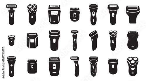 Electric shaver and razor icon collection showing various types of grooming tools including foil, rotary, and trimmers in a minimalist black silhouette vector illustration set
