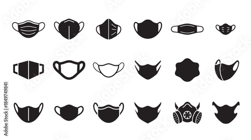 Various black face mask and respirator icons in a minimalist graphic style showing different types of protective equipment for medical, health, and safety concepts