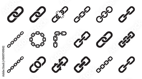 Set of black chain link icons in various styles, including a broken link, representing connection, security, strength, and disconnection in a minimalist vector graphic illustration
