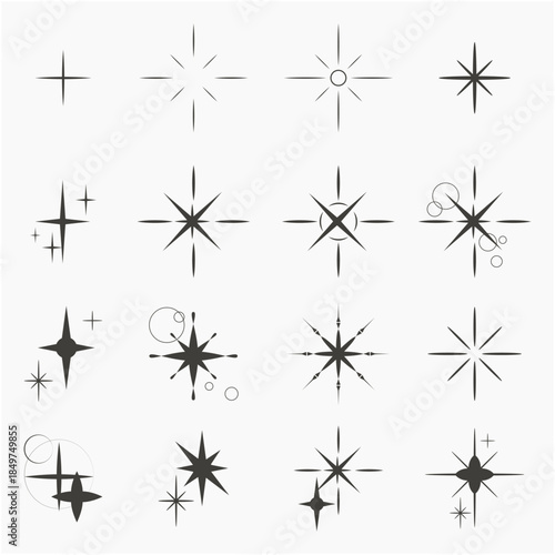 Set of stars sparks and sparkles Y2K. Vector collection glint glitter, shining twinkle sunburst illustration. Shapes of stars and rays.