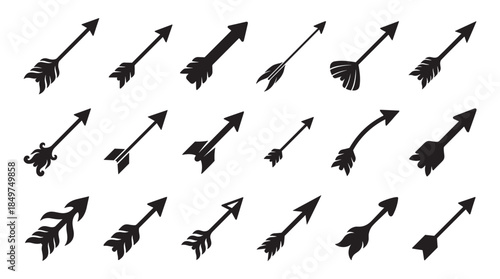 Collection of black tribal arrow silhouettes with various fletching and arrowhead designs, a graphic set of rustic icons representing direction, hunting, and decorative elements