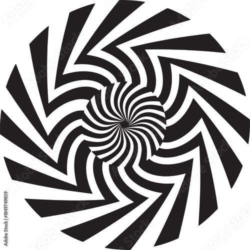 Abstract optical illusion pattern with black and white swirling stripes creating a hypnotic vortex effect, radiating from the center outwards also transparent background