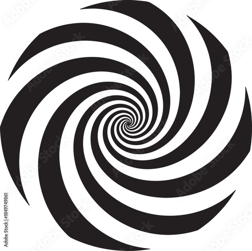 Abstract black and white spiral pattern with thick, curved stripes creating a hypnotic vortex effect with sharp edges also transparent background