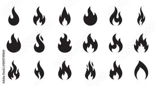 Collection of black fire flame icons in various shapes and styles, presenting a set of simple, minimalist silhouettes for graphic design and the symbolic representation of heat and energy