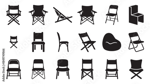 Collection of various chair silhouettes including folding, director, camping, and beanbag chairs presented as a flat black vector icon set for furniture and interior design concepts