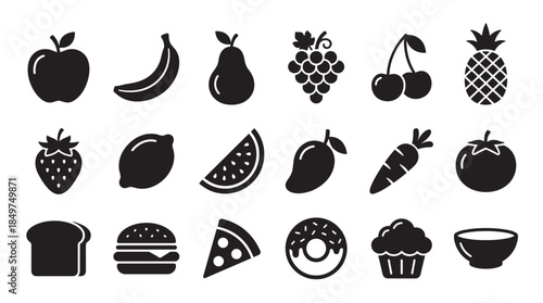 Collection of black food icons representing various fruits, vegetables, and meals, including apple, banana, pizza, and burger, presented as a simple glyph set